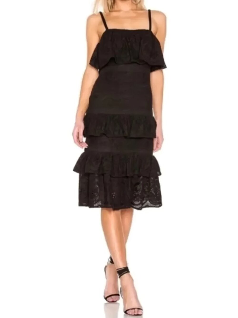 Lovers + Friends Hailey Black Cotton Eyelet Tiered Midi Dress Sorority M NWT